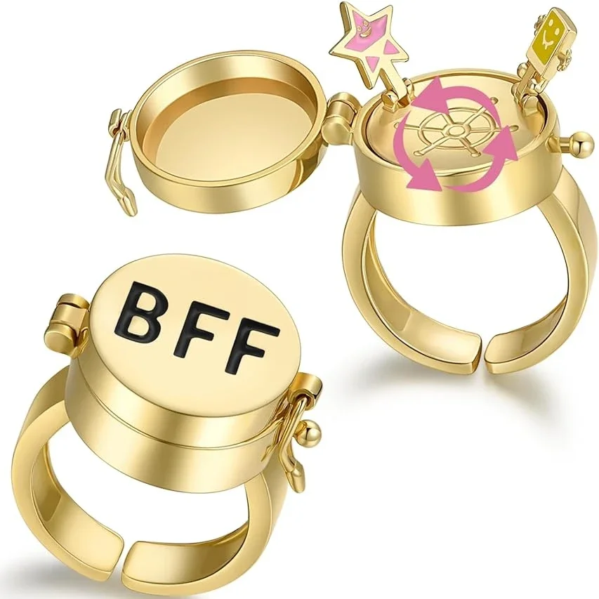 2 Pcs Gold Color Spinner BFF Matching Rings Best Friend Open Rotate Ring Forever Friendship Cute Cartoon Anime Jewelry