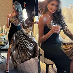 Customized Elegant One Shoulder Long Sleeve Evening Dresses A-line Backless Pleat Contrast Color Prom Gown High Slit Платья На Т