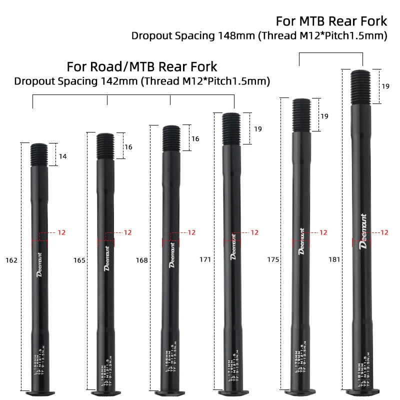 Deemount M12*P1.5 Thru Axles L120-181mm for Road Bicycle Front Fork Dropout Spacing 100mm MTB Rear Hub 142/148mm Aluminum Shaft