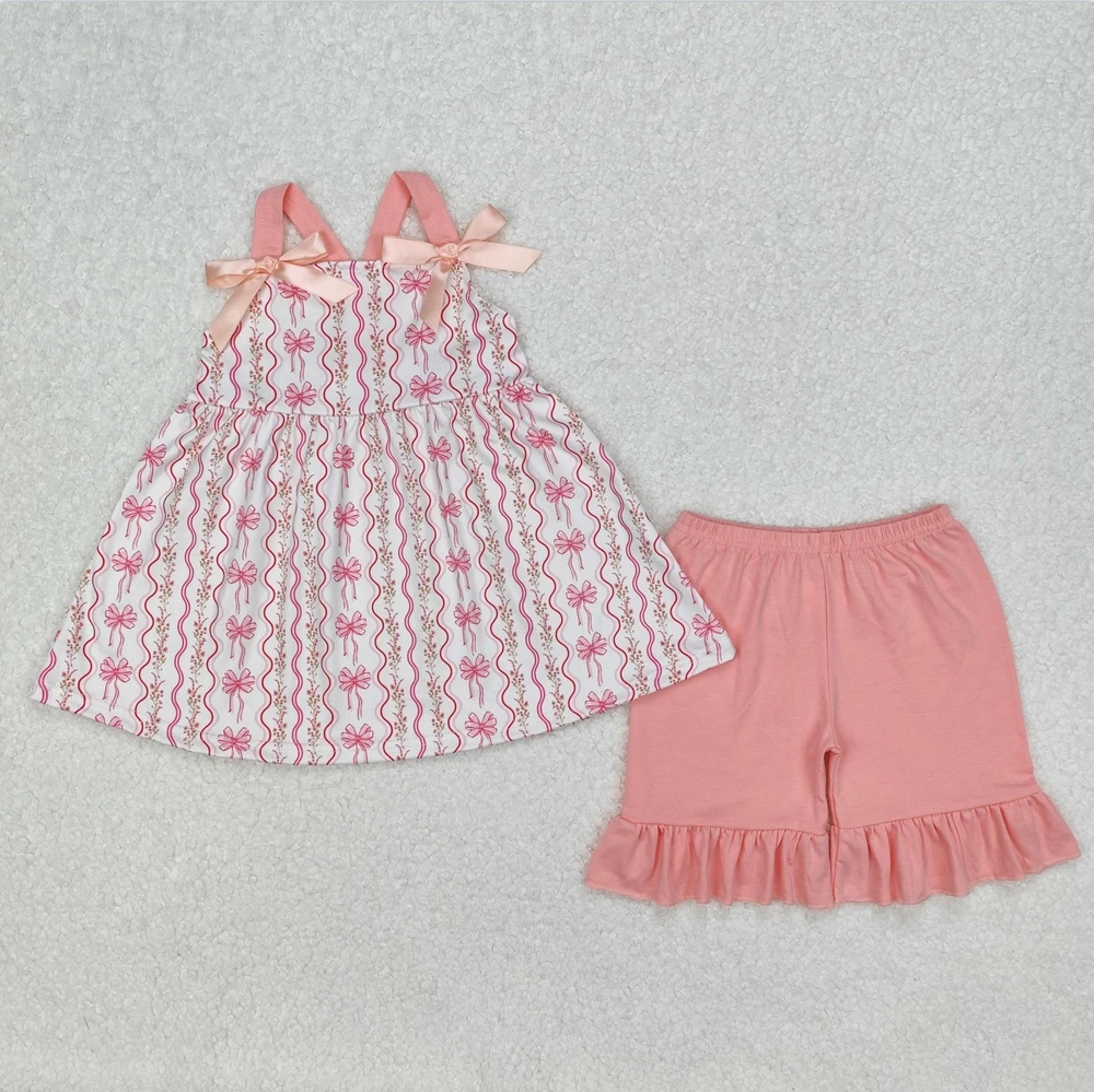 

Hot Sale Lovely Baby Girls Kids Clothes Boutique Shorts Fashion bows Straps Top Flowers Clothing Toddler Shorts Clothes Sets
