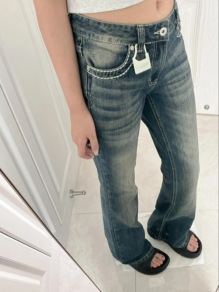 

Ретро-синие джинсы с вышивкой, низкой посадкой и расклешенными штанинами, женские, весна-осень, дизайн в стиле Spicy Girl, облегающие прямые брюки