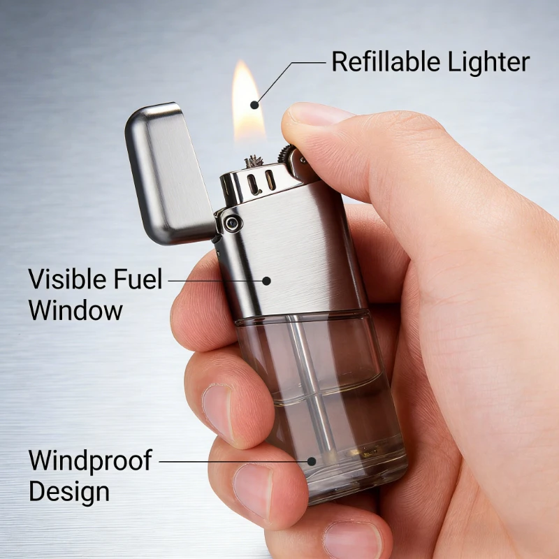 

High Value See-through Fuel Reservoir Lighter Retro Flint Wheel Ignition Durable Portable Elegant Daily Smoking Accessory