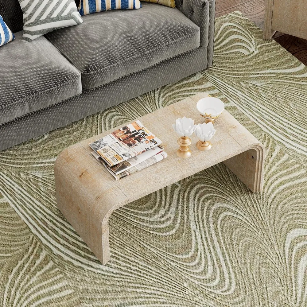 TREXM Minimalist Coffee Table with Curved Art Deco Design for Living Room or Dining Room(Natural Wood Wash)
