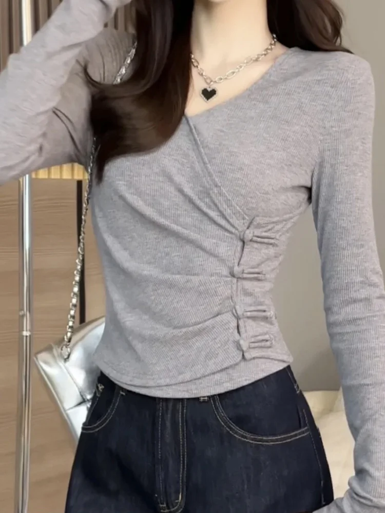 Maglietta Coreana a Maniche Lunghe in Maglia per Donna, Scollo a V, Vestibilità Slim, Design Trendy Autunnale, Sensazione Streetwear alla Moda