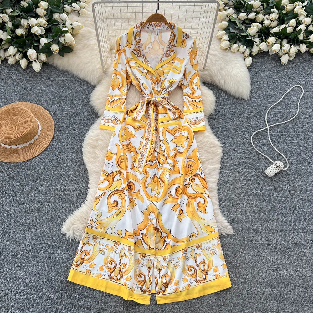 ฤดูร้อนฤดูใบไม้ร่วงใหม่Palaceสไตล์Goldenพิมพ์ดอกไม้Midiชุดเสื้อผู้หญิงครึ่งแขนเดี่ยวBreastedยาวVestidos 2025