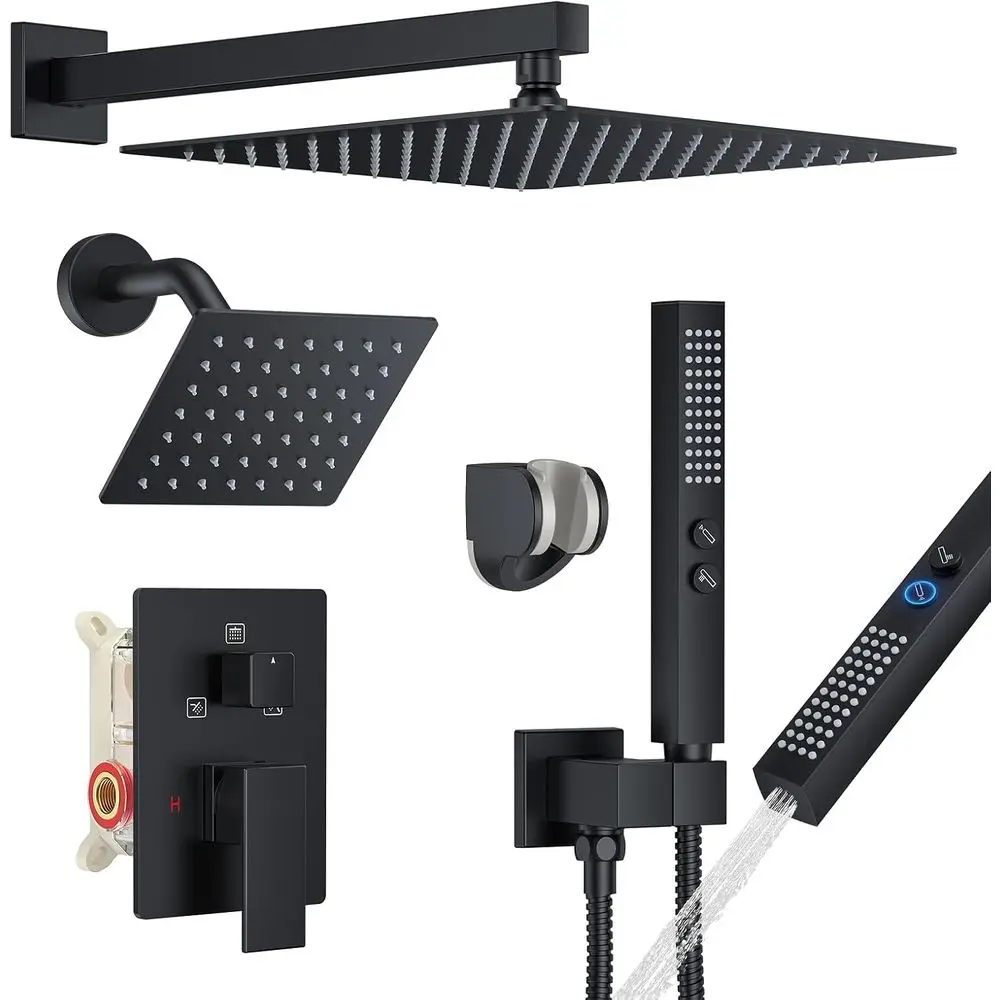 Matte Black Dual Shower System with 12 & 6 Rain Showerheads and Handheld Spray