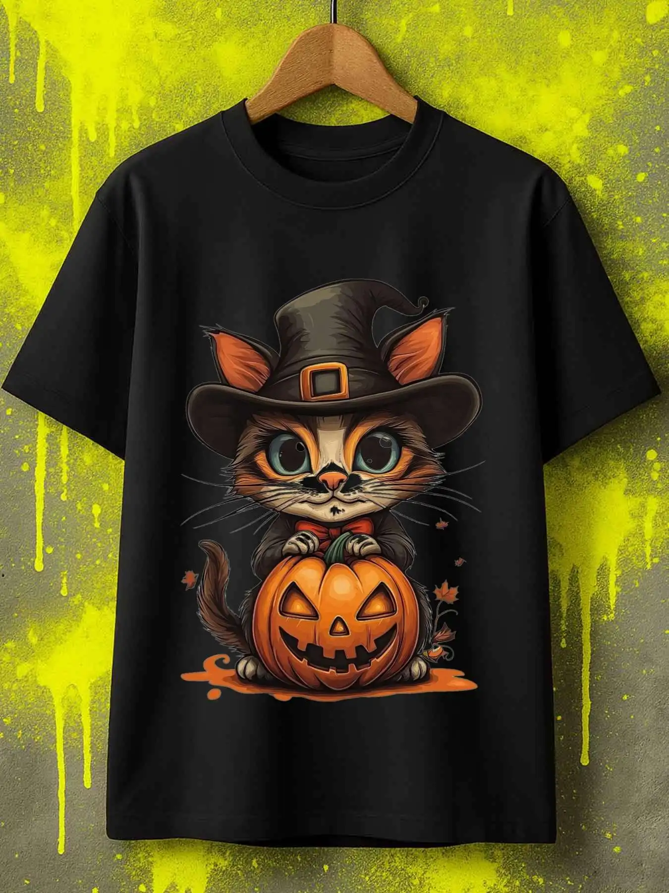 Cute Men's Black Graphic T-Shirt Cat Wearing Witch Hat Holding Jack O Lantern Pumpkin Autumn Cartoon Illustration 100% Cotton Heavyweight Short Sleeve Casual Streetwear Tee