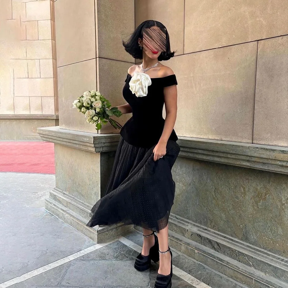 

Black Off Shoulder Evening Dresses for Women Velvet Dotted Tulle A Line Prom Party Dress Ankle Lengh Formal Occasion Gowns