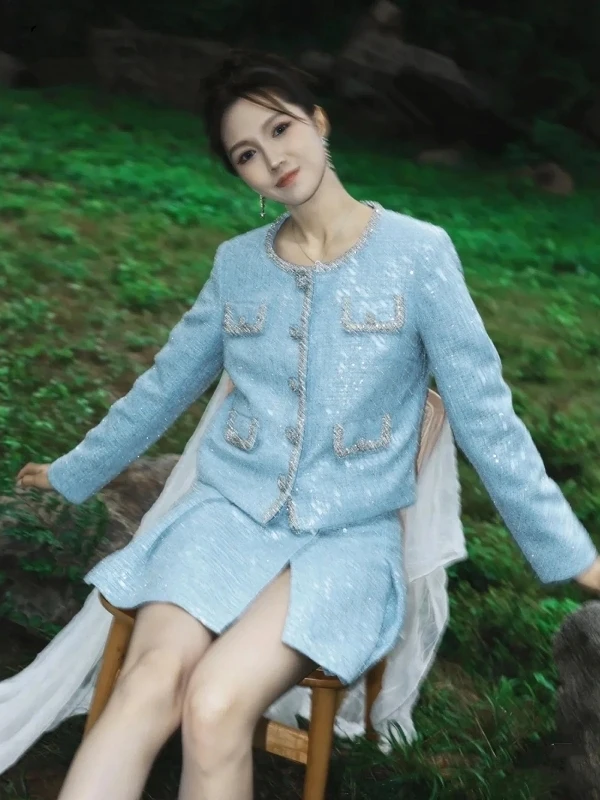 

Blue Diamond Decorated iny Sequin Thiened Long Sve Versatile Outerwear Top Pure Color Commute Sle Straight Cut Coat