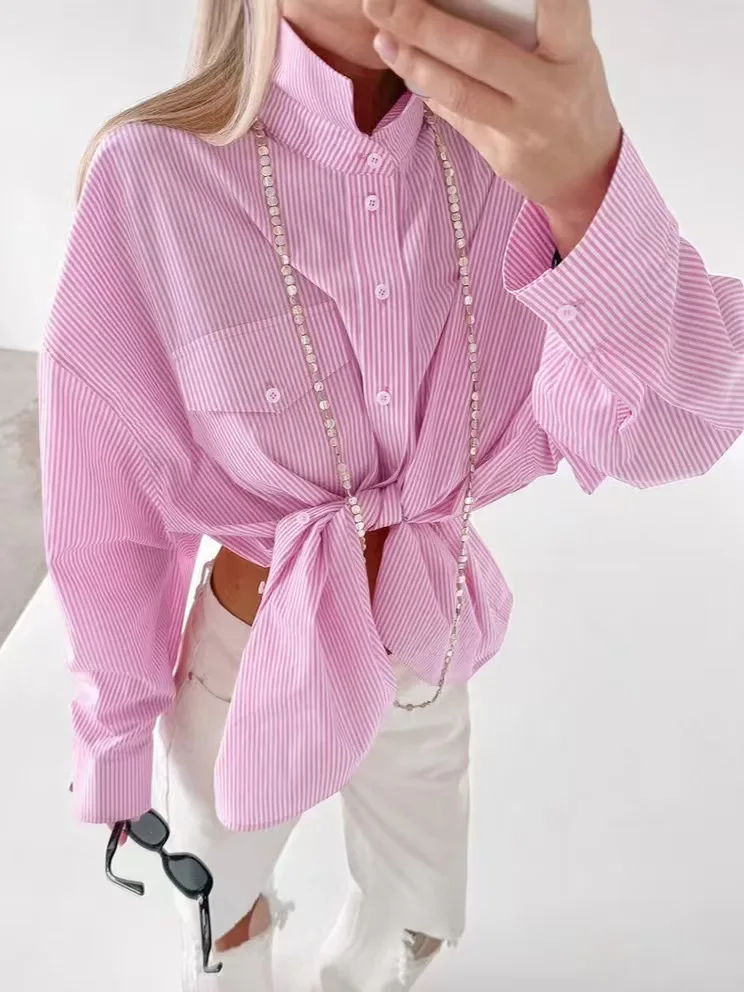 Faionable Pink Striped Loose Casual irt Women's Commute Sle Long Sve Button up Regular Length Striped irt