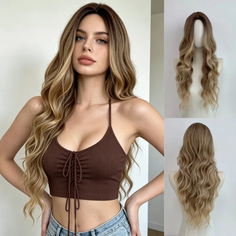 Gradient middle-parted large waves breathable rose net matte silk wig