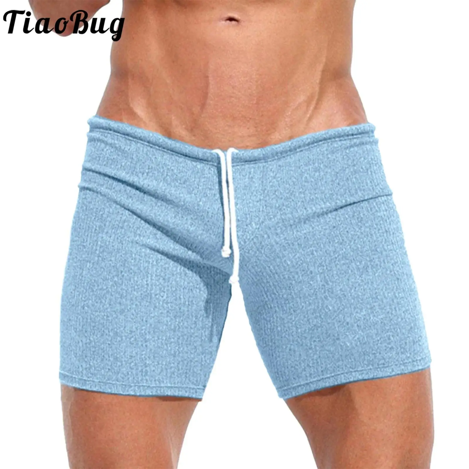 Men Gym Fitness Running Warm-up Athletic Shorts Stretchy Solid Color Quick-drying Ribbed Drawstring Shorts for Workout Exercise