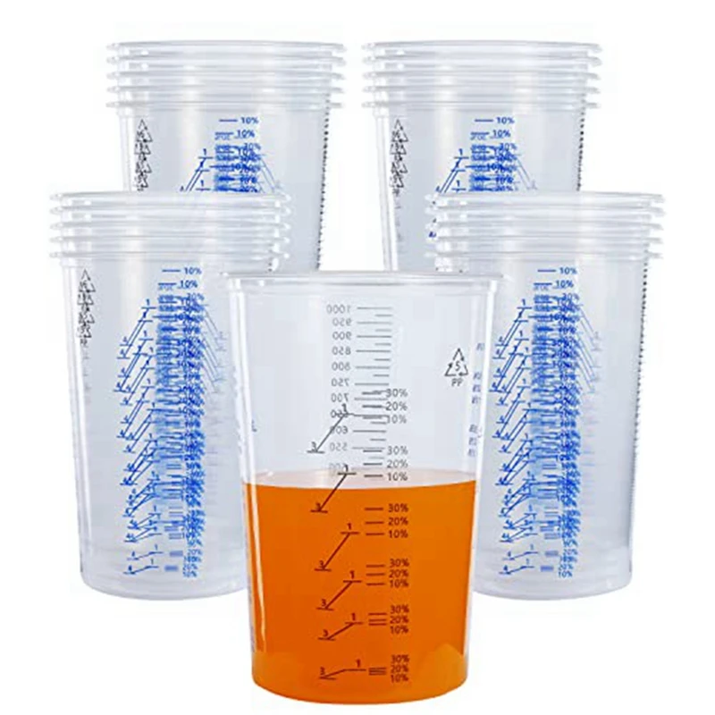 

32 Oz (1000Ml) Disposable Flexible Clear Graduated Plastic Mixing Cups Use For Paint Resin Epoxy Mix Ratios, 25 Pack