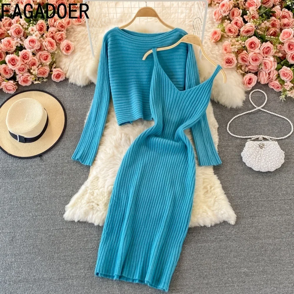 FAGADOER Winter New Ribbing 2 Piece Sets Women Outfit Solid Color Long Sleeves Top + Spaghetti Strap Dress Elegant Suit Clothing