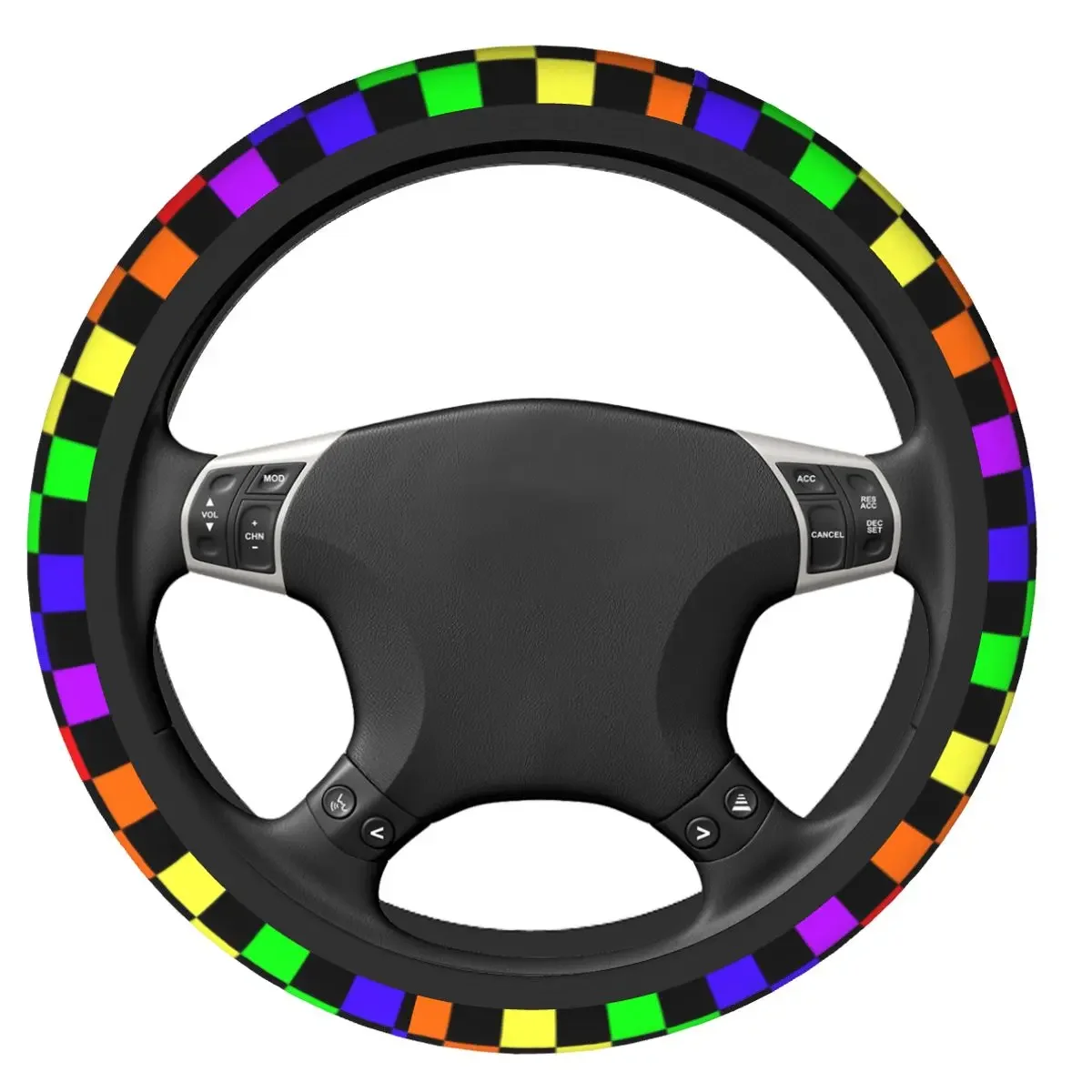 Black Rainbow Checkerboard Steering Wheel Cover for Girls Tartan Steering Wheel Protector Universal 37-38cm Car Accessories