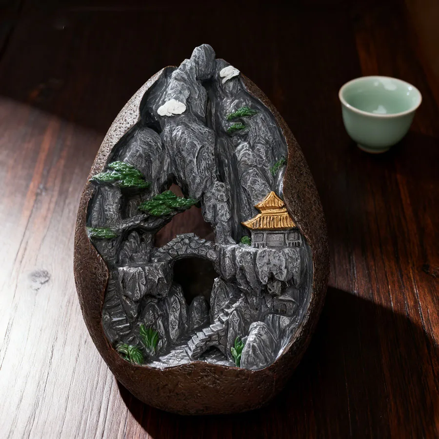 1pc, Smoke Waterfall Backflow Incense Burner Creative Home Decor Incense Holder Portable Resin Censer Mountain River Handicraft