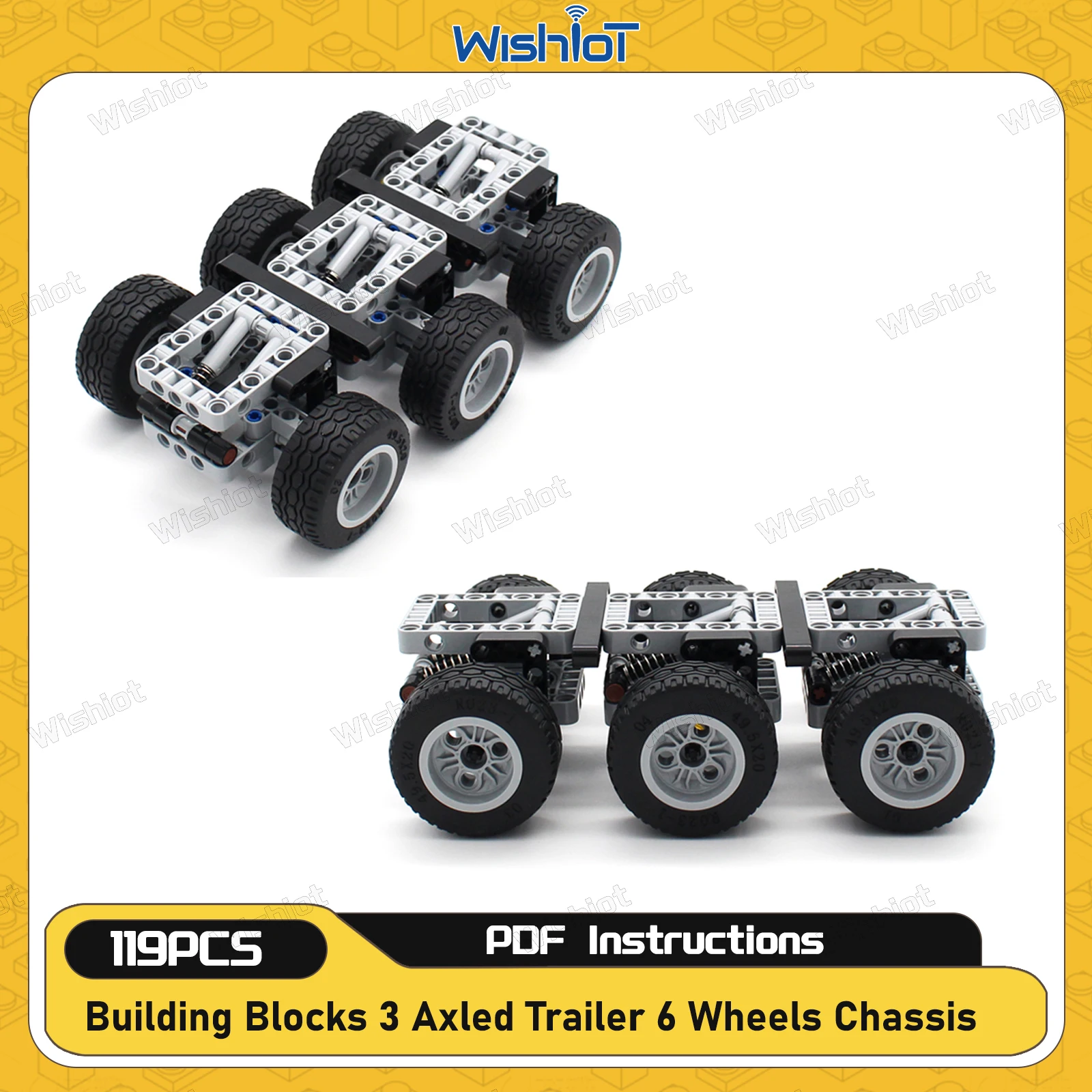 

119pcs High-Tech 3 Axled Trailer MOC Building Blocks 6 Wheels Car Chassis Model Pin Liftarm Shock Absorber Arm Parts Brick Toys
