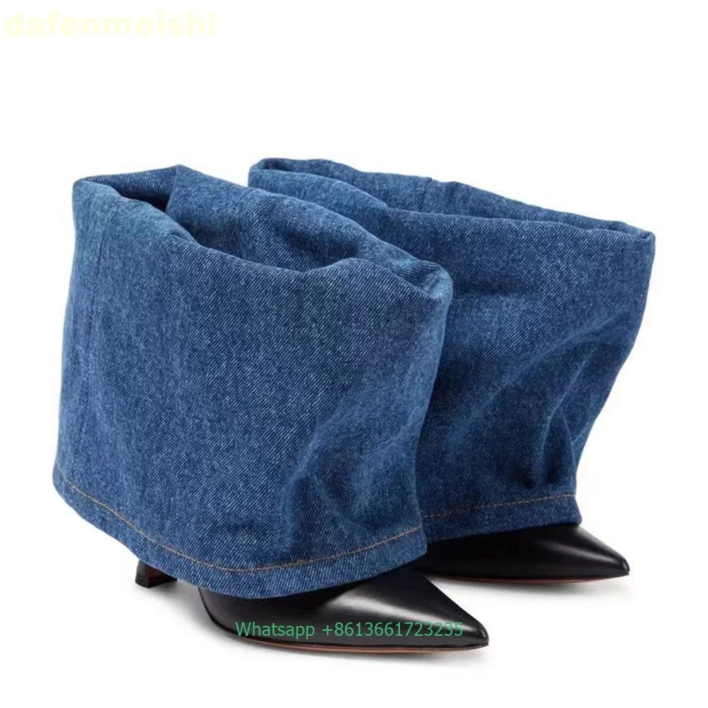 

2025 New Women's Denim Boots Color Matching Pointed Toe Stiletto Heel Short Boots Catwalk Style Trouser Turned-Over Edge Boots