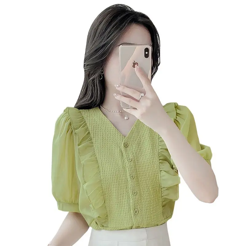 

2XL Women Summer Lady Fashion Casual Blouses Puff Sleeve V-Neck Office Solid Color Buttons Clothing Tops& Tees 2023 New WY0886