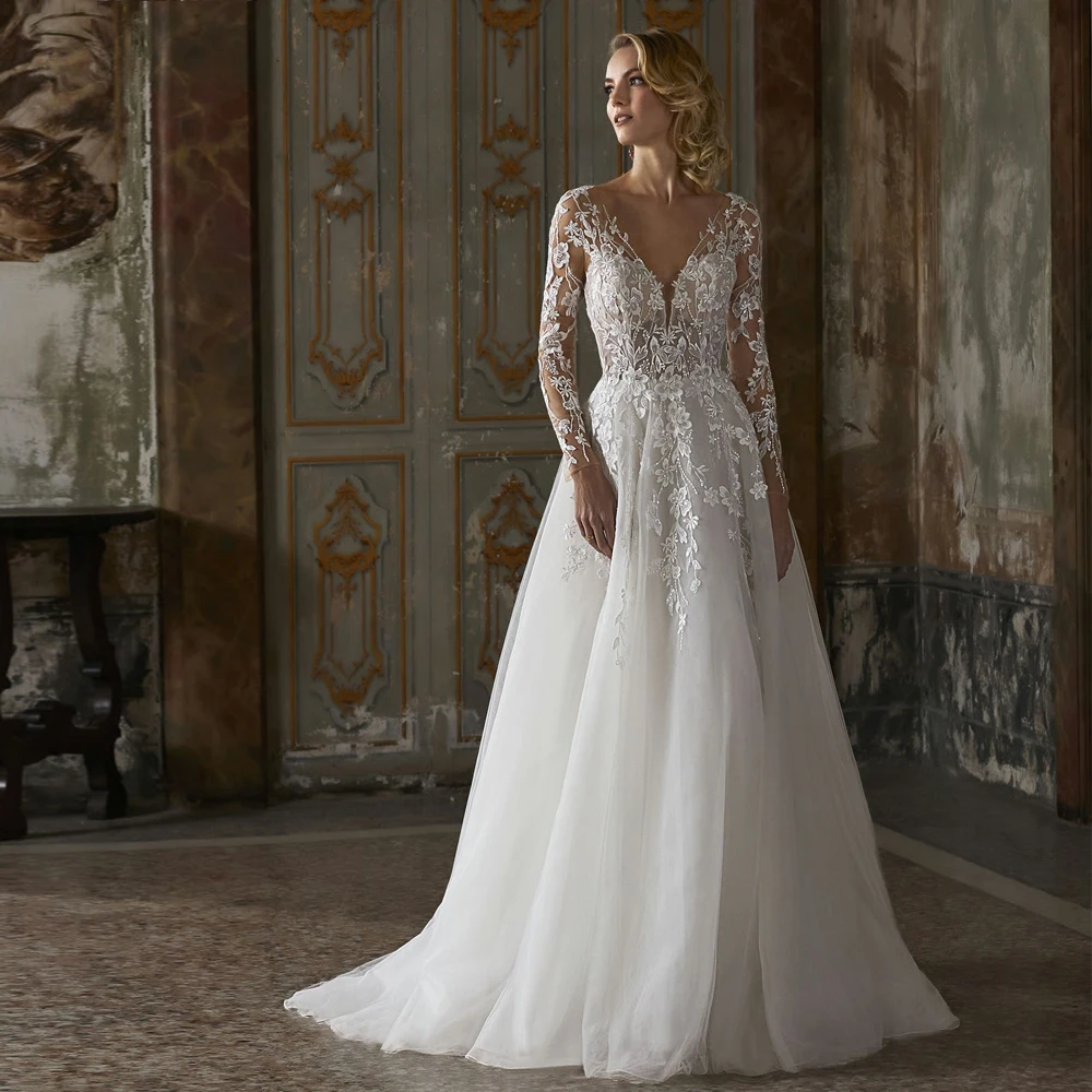 Customized Deep V Neck Wedding Dresses A Line Full Sleeves Bridal Grown Applique Lace Zipper Open Back Vestido de novia Illusion
