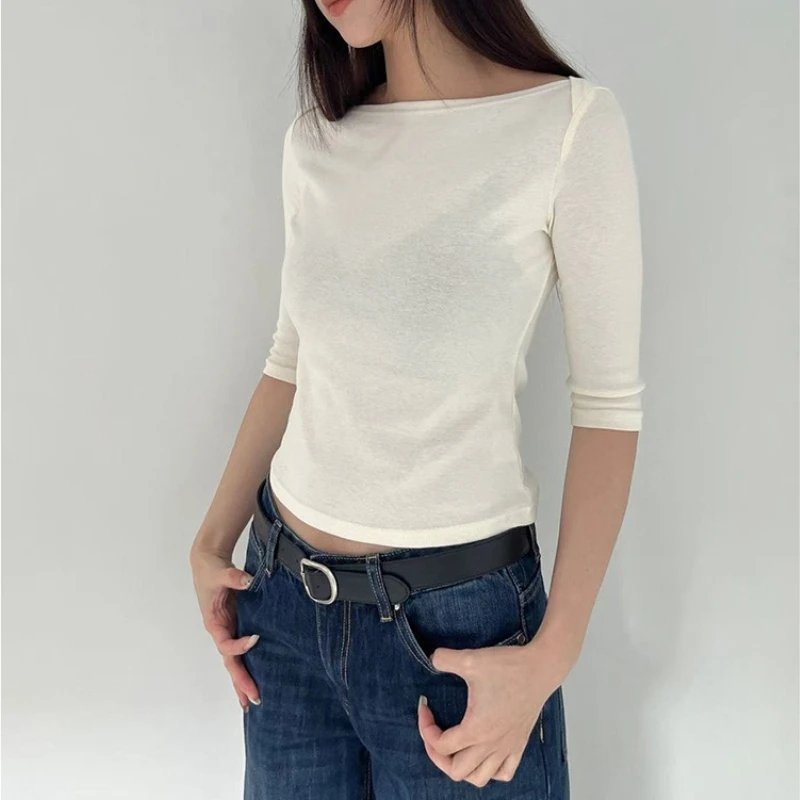 

2026 Spring Korean Style Chic One Shoulder T-Shirt Women's Mid-Sleeve Slightly Elastic Short Top for Women