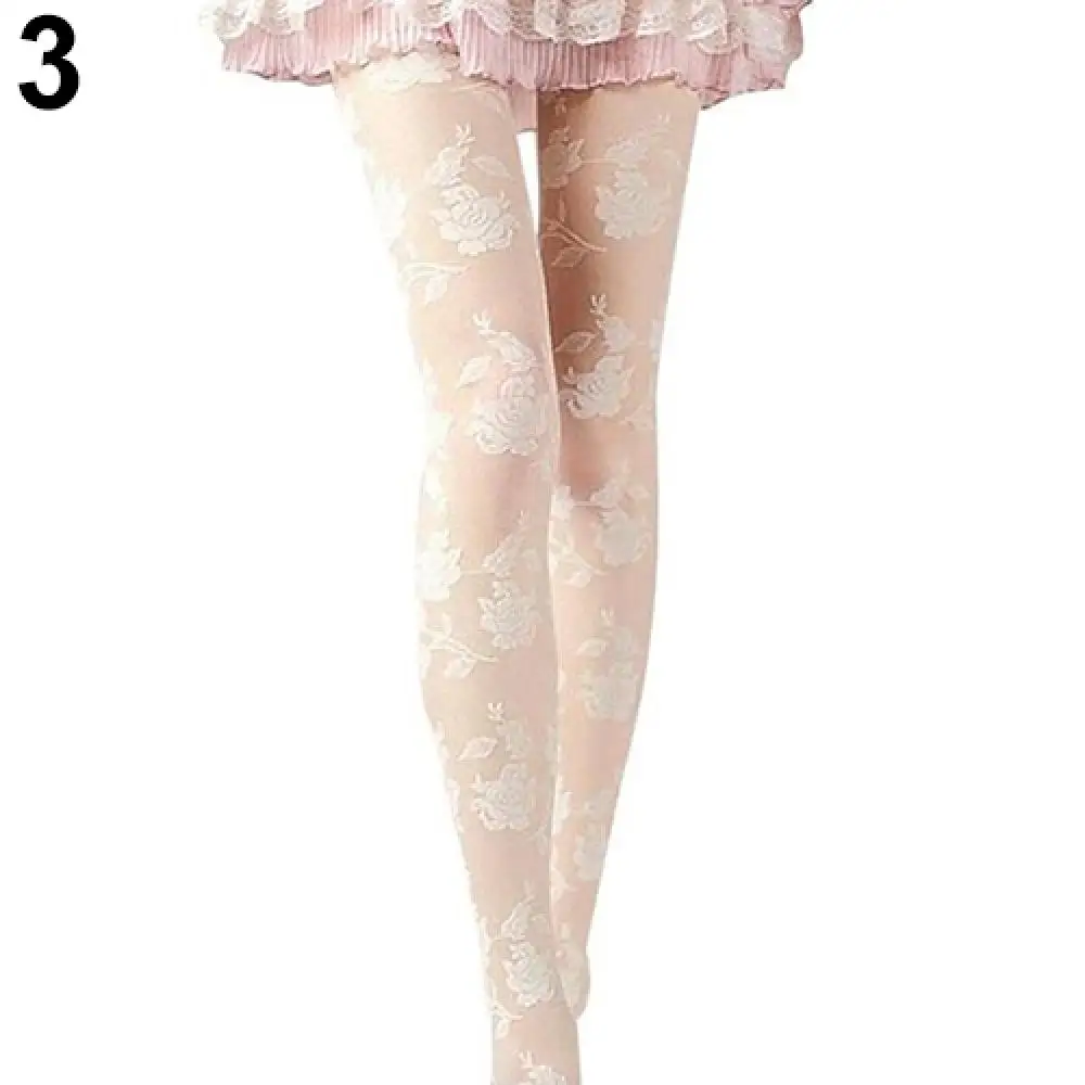 Women Stockings Fashion Rose Pattern Tight Lace Pantyhose Sexy See-through Stockings Shiny Stretchy Black White Goth Party Tight
