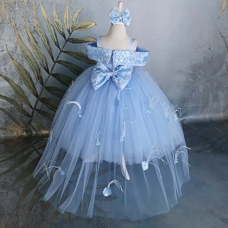 Hellblaue Blumen mädchen kleider Geburtstag Luxus applikationen für Erstkommunion Hochzeit Prinzessin Ballkleid Festzug Kinder Geburtstag