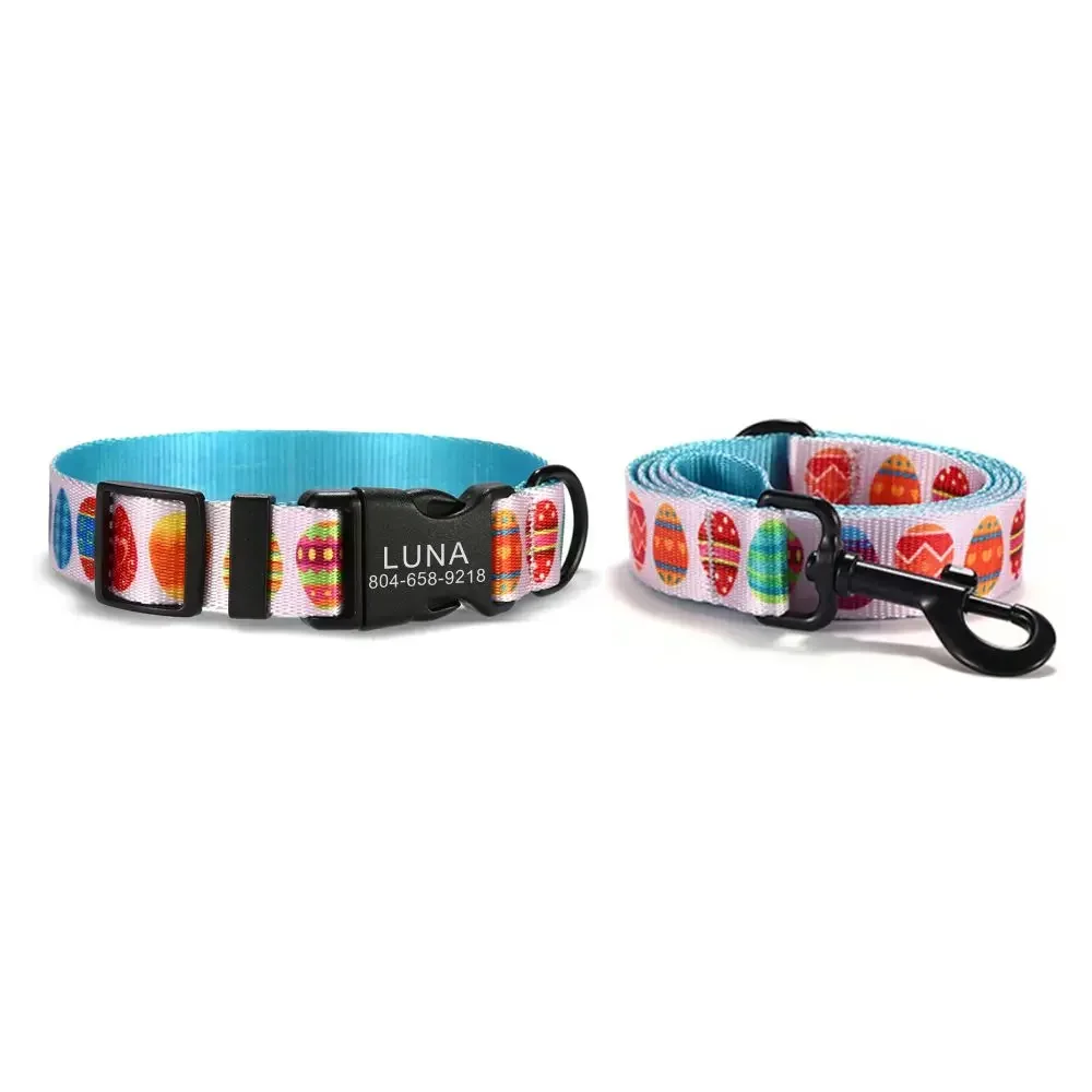 

Personalized Dog Collar with Free Engraving, Matching Pet Leash,Customzied Contacts Buckle, Colorful Eggs Cat Pet Collar