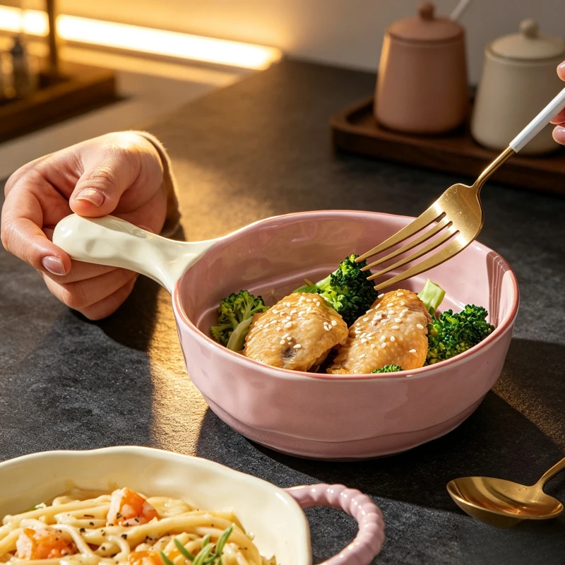 Ceramic Double Handle Baking Bowl Oven Safe Salad Fruit Soup Bowl Microwave Air Fryer Safe Home Kitchen Tableware