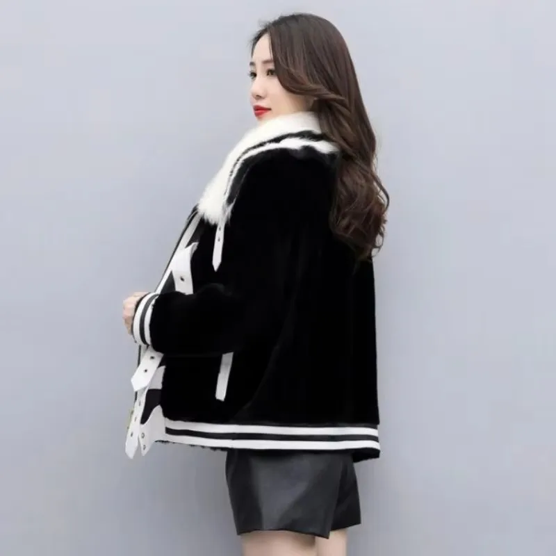 2023 Winter New Women Imitation Fur Big Fur Collar Coat Thicken Warm Short Jacket Loose Fashion Patchwork Outwear Casual Top