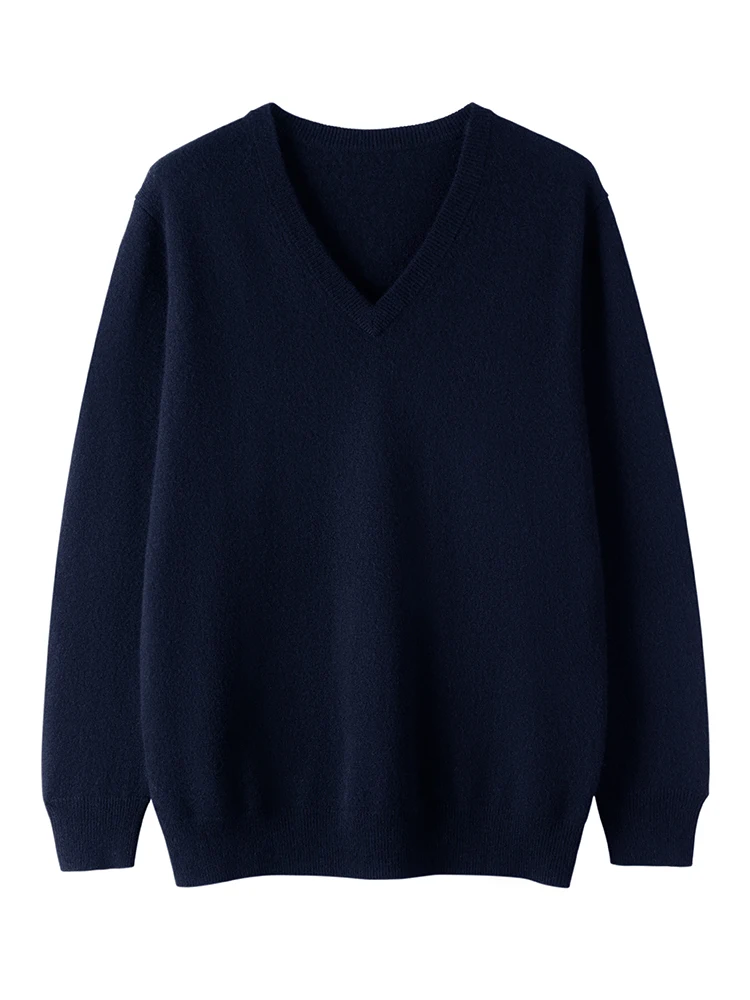 Fashion Men's Winter V-Neck Sweater 100%Merino Wool Knitted Pullover Soft Warm Basics Thick Solid Color Casual Loose Clothing