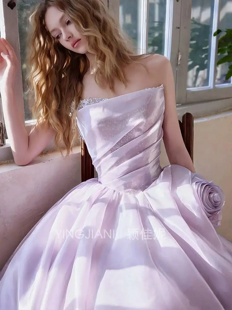 Lilac Satin Strapless Evening Dress Rhinestone Waist 3D Rose A Line Wedding Prom Formal Maxi Gown