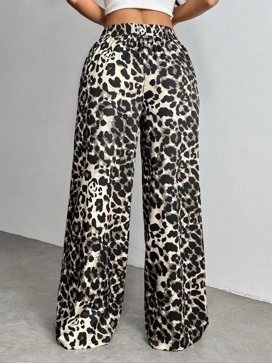 2025 Autumn New Hot Selling Sports Style Leopard Print Casual Mid Waist Loose Leg Pants for Women