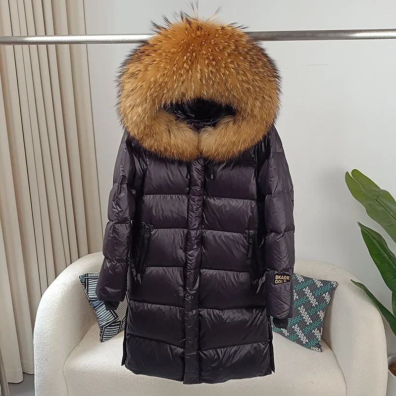 2025 new black and gold duck down medium and long women's down jacket fashion temperament hooded windproof thickened warm jacket