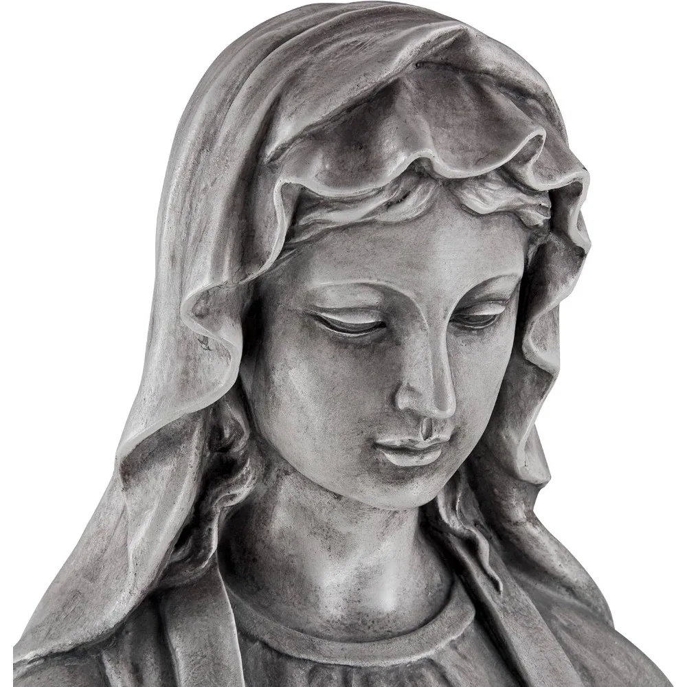 The statue of the Virgin Mary, sacred decoration, outdoor garden, home yard, gray stone veneer, ceramic 29 inches high