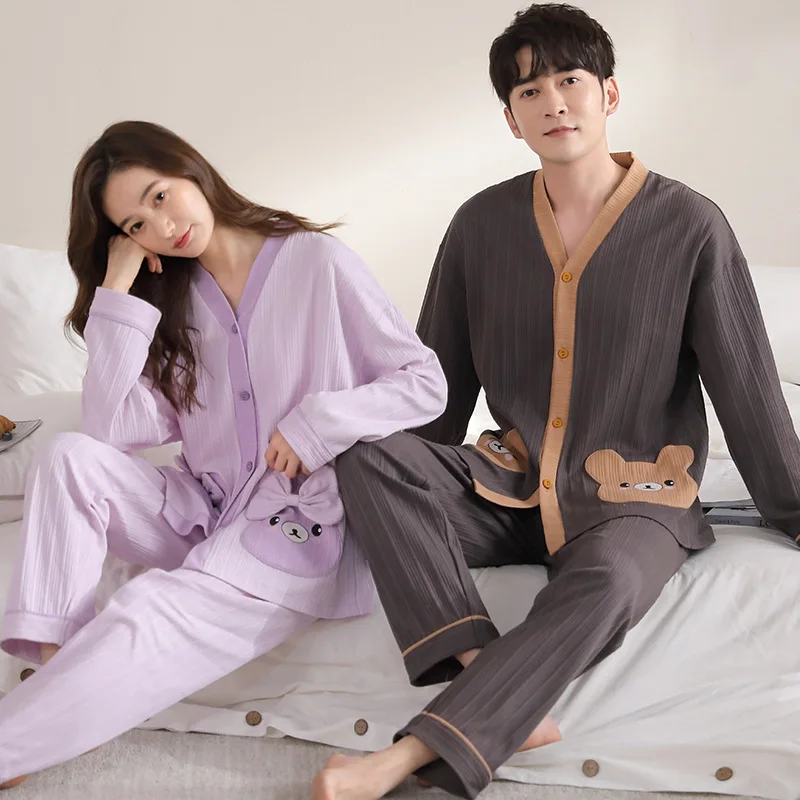 Autumn Spring Cotton Nightwear For Couple Men\'s Pajamas Set Women\'s Sleepwear Male Female Home Suit Pjs V Neck Home Service