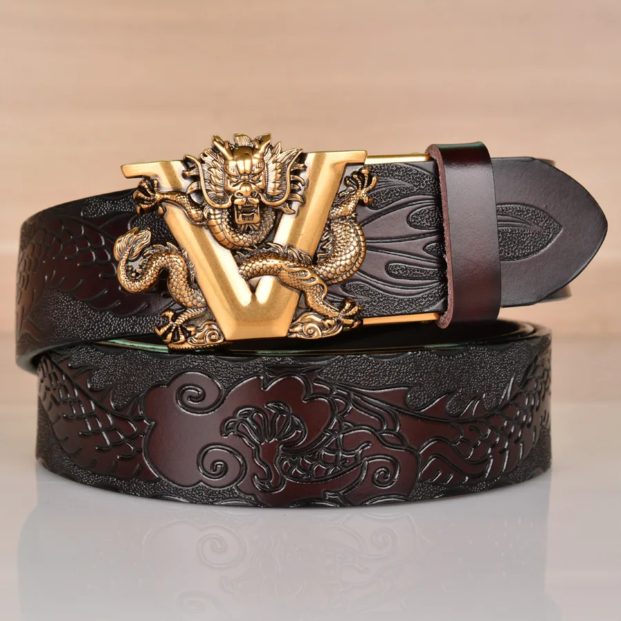 Ethnic style V-dragon automatic buckle belt, personalized dragon pattern embossed jeans with cowhide casual men's belt