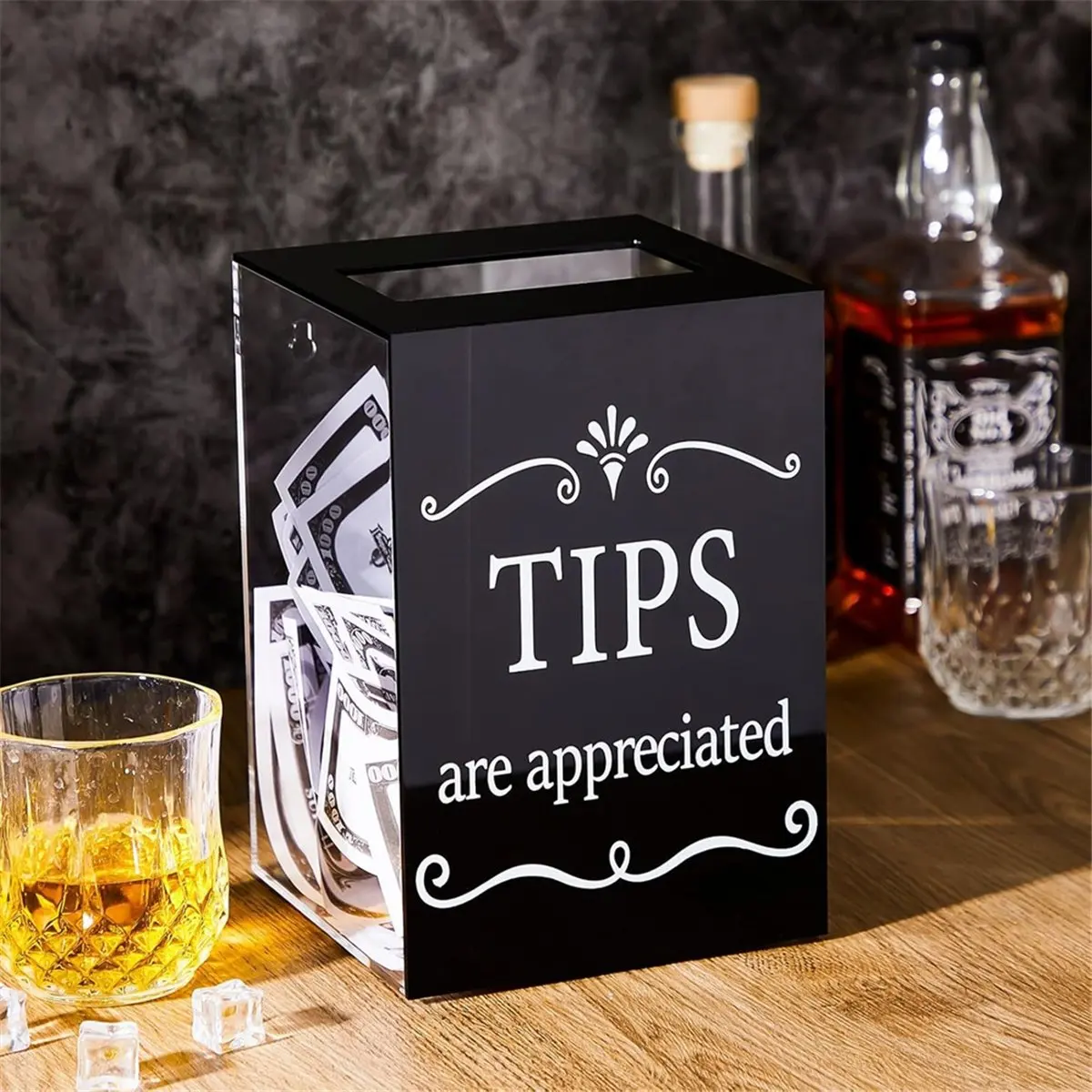 Picture 7: Acrylic Tips Jar for Restaurant Donation Suggestion Box Collection Donation Money Storage Container Raffle Cash Box-A12I