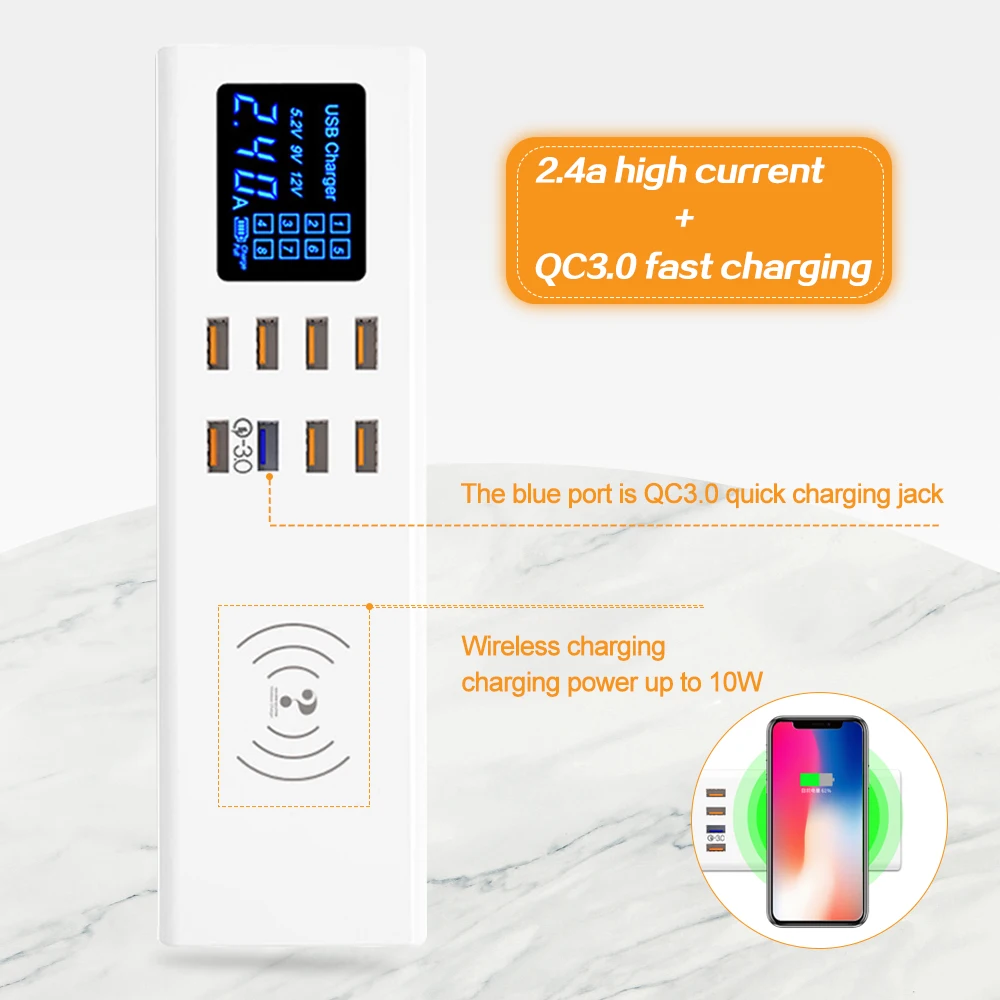 8 Ports LED Display USB Charger Wireless Charger Fast Charging Station Phone Charger Adapter For iPhone Xiaomi Samsung Huawei