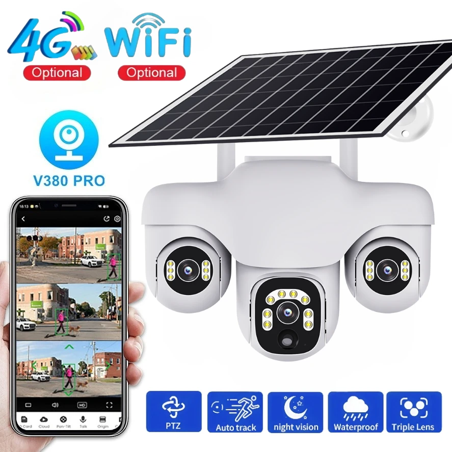 

3 Lens Outdoor Solar Camera Surveillance Wifi /4G Waterproof CCTV Video Recorder Night Vision Auto Track Monitor PTZ Camera 360