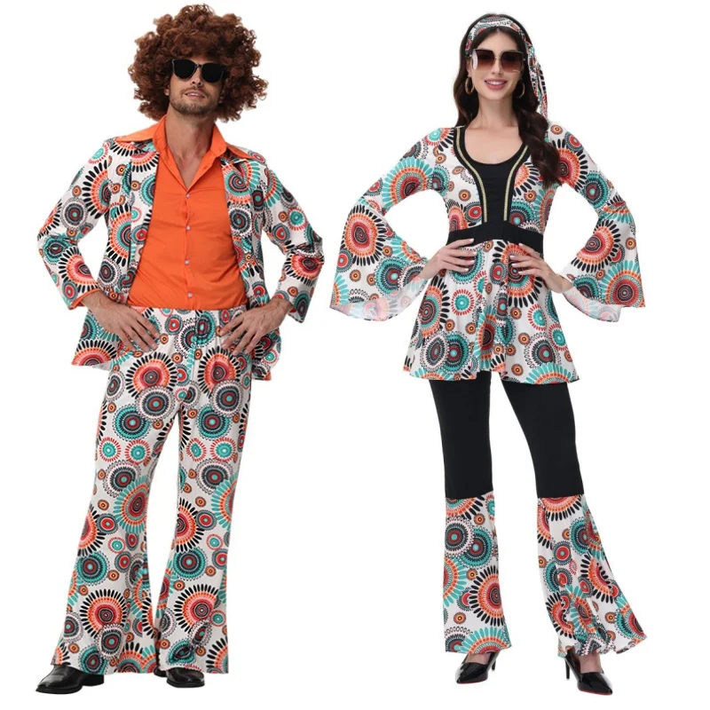 Disfraz Retro de los 70 para Adultos, Conjunto para Hombre y Mujer, Disfraz para Fiesta de Halloween, Discoteca, Baile, Actuación