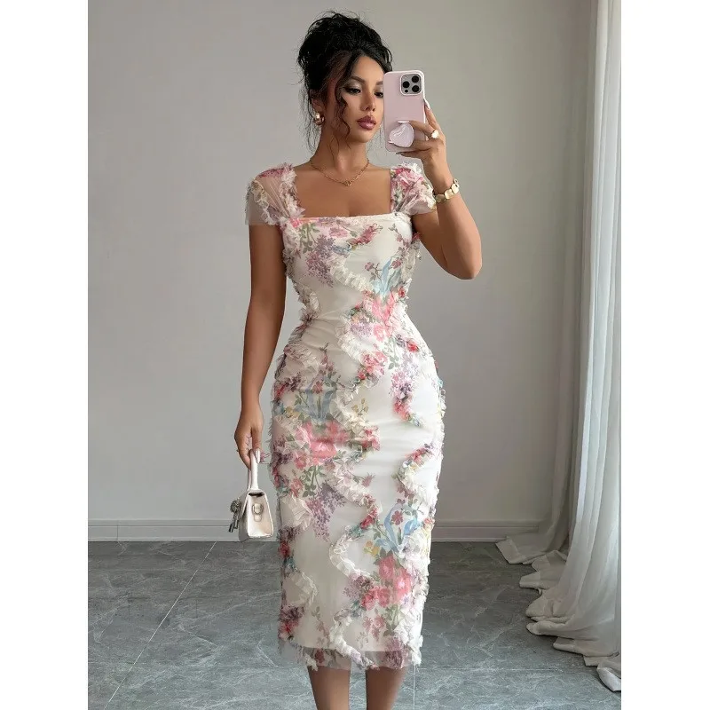 Prom Dress Evening Wedding Guest Party Dresses Long Floral Print Maxi Dress Off Shoulder Ruffle Trim Dress High Waist Sheer