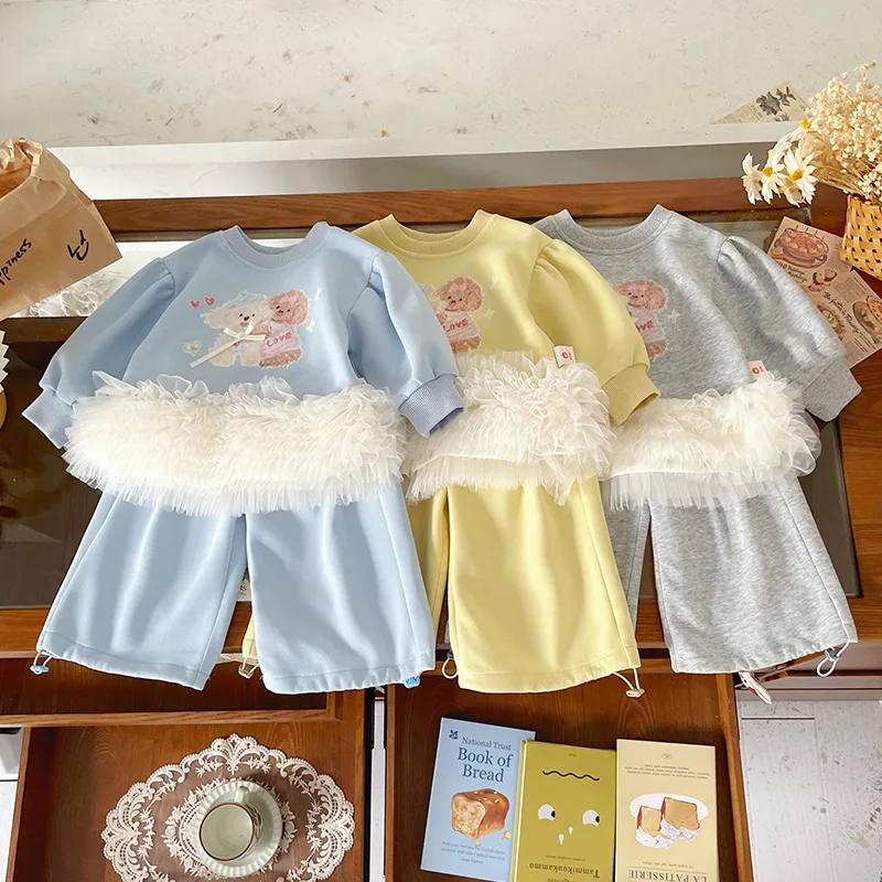 

New Autumn Children Girls Two-piece Set Round Neck Long Sleeve Cartoon Print Lace Toddler Girls Top Loose Kids Baby Girls Pant