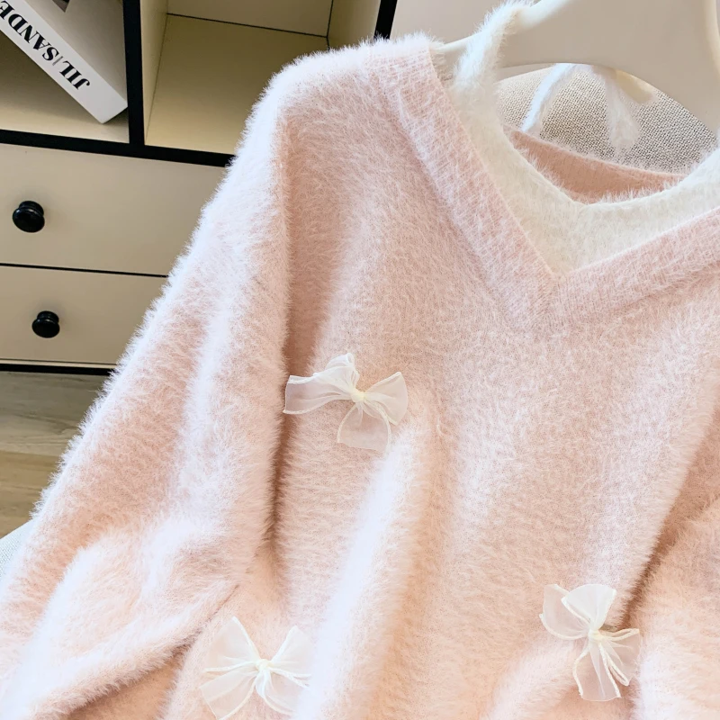 MEXZT Sweet Bow Sweater Women Kawaii Cute Pink Mink Cashmere Knitted Pullovers Korean V Neck Halter Knitwears Winter Jumpers New