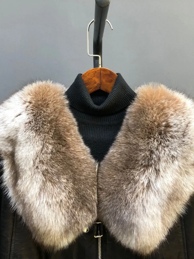 جديد الشتاء المرأة الدافئة أوزة أسفل سترة فاخرة الثعلب الفراء طوق الشارع الشهير سستة الشرير النفط الشمع البقر جلد طبيعي معطف قصير #3