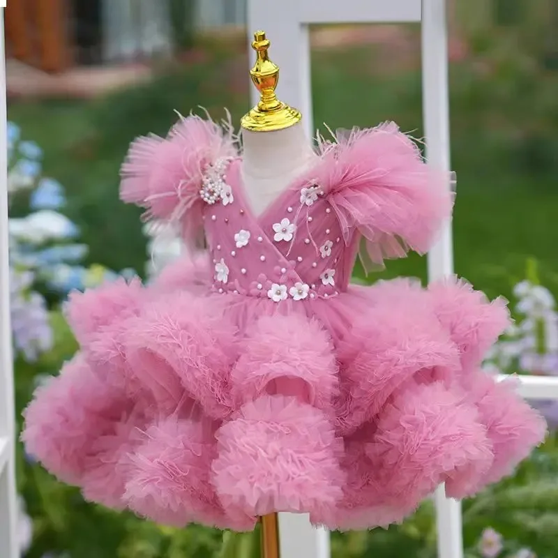 Preciosos vestidos de niña de flores rosas personalizados para boda, tul con volantes florales, fiesta de cumpleaños para niños, vestido de primera comunión con cuentas