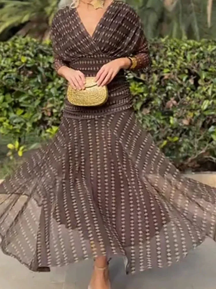 مثير عالية الخصر شبكة ألف خط فستان الصيف المطبوعة شال طوق الشيفون فستان جديد مثير قبالة الكتف بوهو سوينغ فستان طويل الشاطئ #6