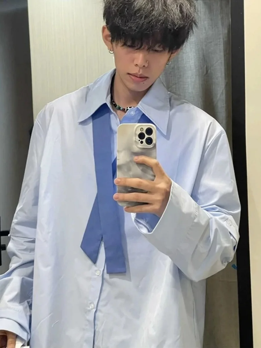 

American Sle Men's irt Double Layer Sve Design Pure Color Top Cross Tie Splice Open Cardigan Loose Fit Youth Faion