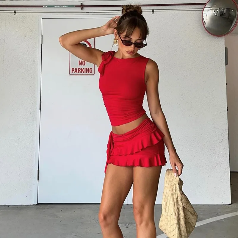 Gtpdpllt Fashion Two Piece Set Crop Top And Mini Skirt Red Tiered Dress Y2k Clothes Sexy Summer Outfits For Women 2024