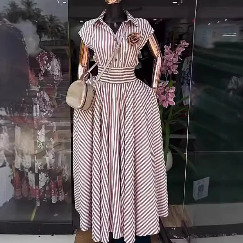 Long Dress Women Dresses Shirt Striped Vestidos Y2k Streetwear Tight Waist Short Sleeve Elegant Splice Party Night Work Casual